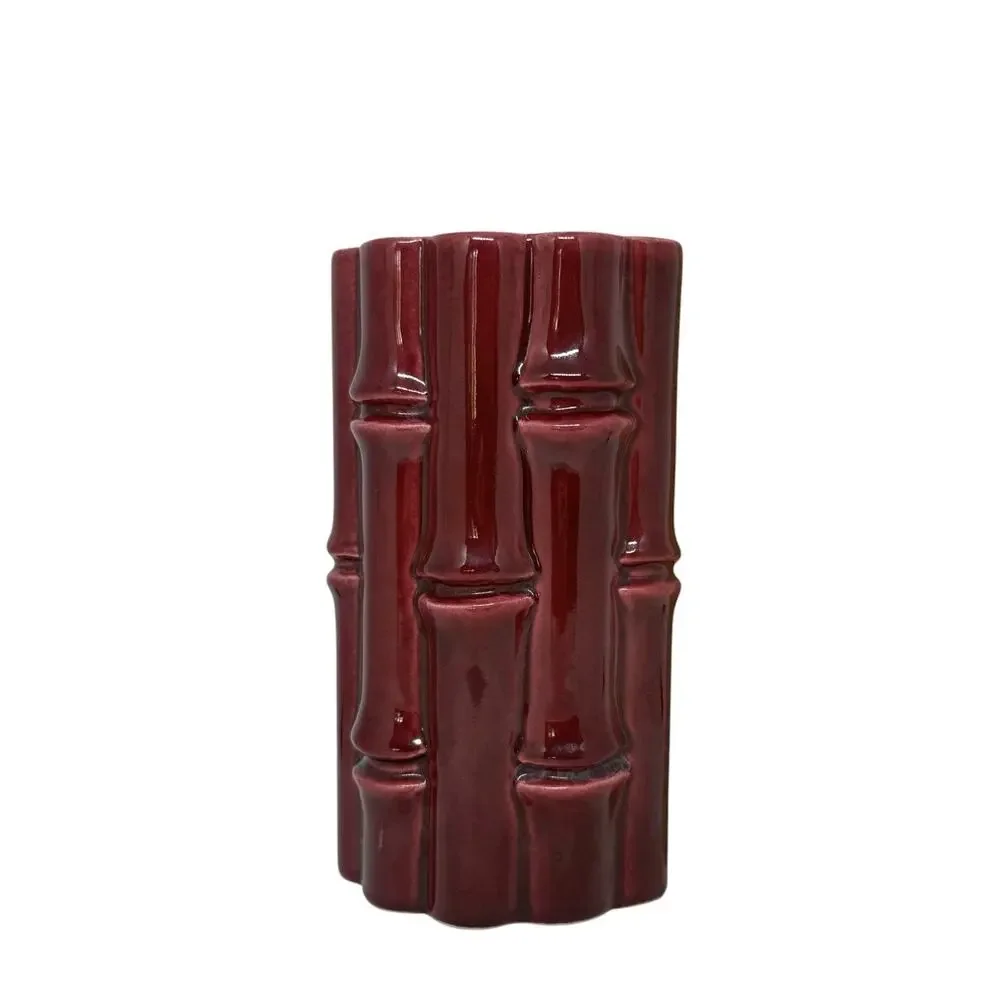 Red Wing USA Burgundy Bamboo Ceramic 7.5” Tall Vase #400 Light Grey interior VTG